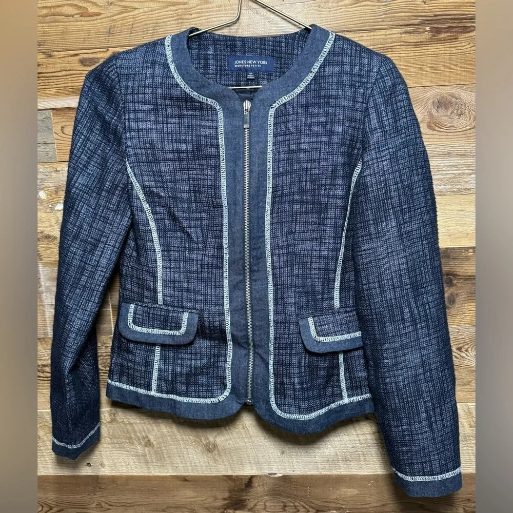 Jones New York Signature denim tweed zipper blazer fitted office party chanel 4P